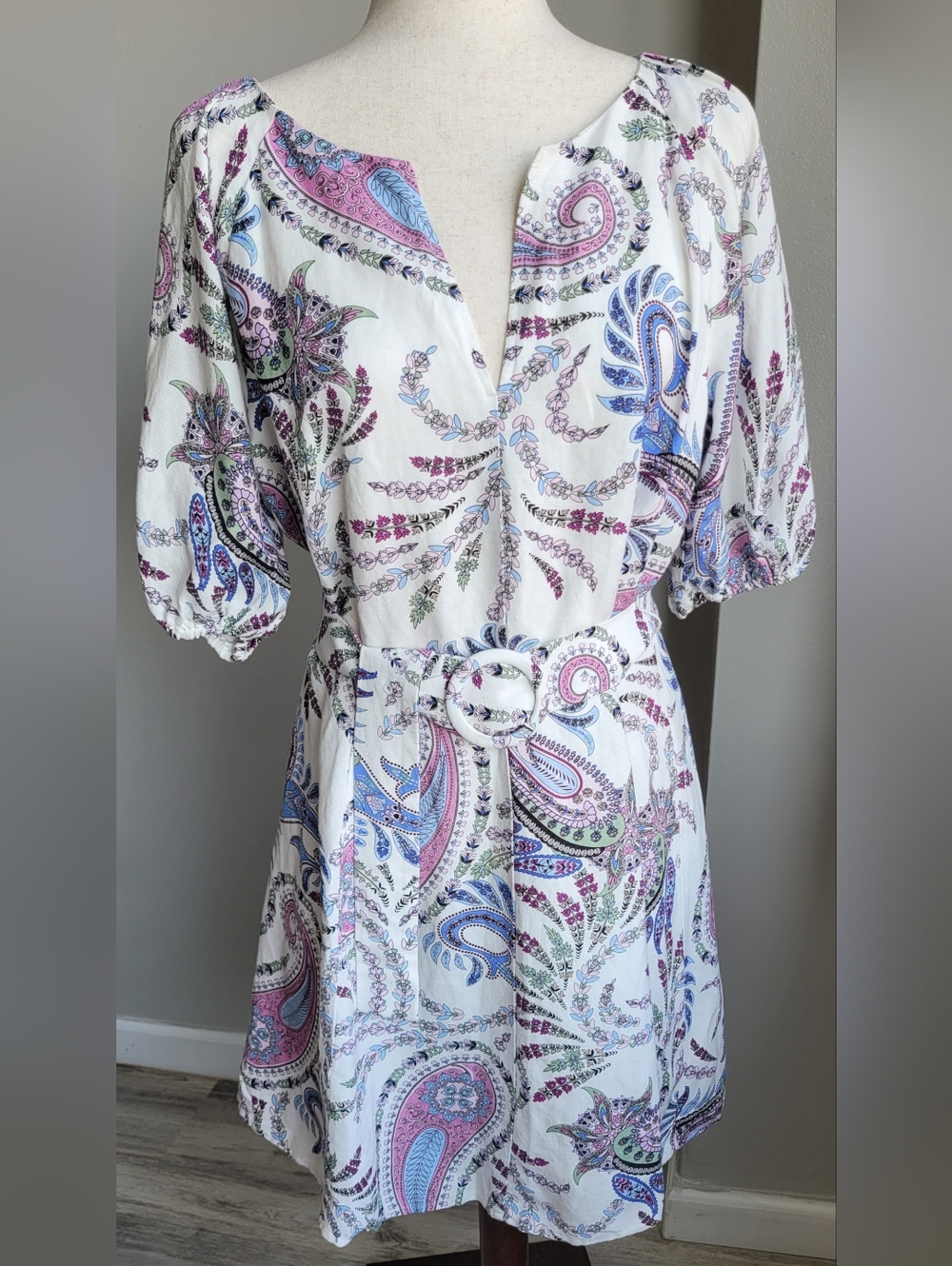 NWT LOFT Paisley Belted Mini Dress Puff Sleeve Lined Size 8